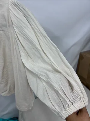 Free People Women's Cream gathered Puff-Sleeve Button Neck Top neckline thumbnail 8
