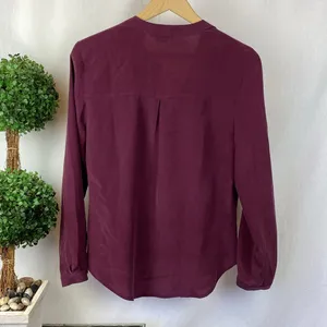 100% Silk Max Studio Burgundy Button Close Long Sleeve Colarless Blouse Top M thumbnail 3