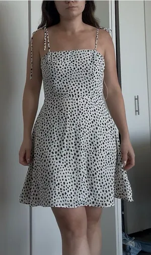 Francesca's Cream and Black Polka Dot Tie-Shoulder Sundress thumbnail 1