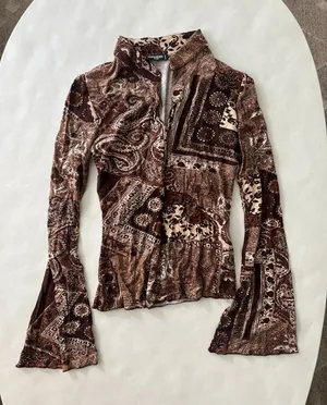 Vintage VTG Sinequanone Paris French Paisley Brown 90s Whimsy Retro Blouse Top S thumbnail 1