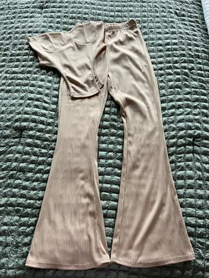 Zaful Ribbed Flare Pants Set - Taupe thumbnail 1