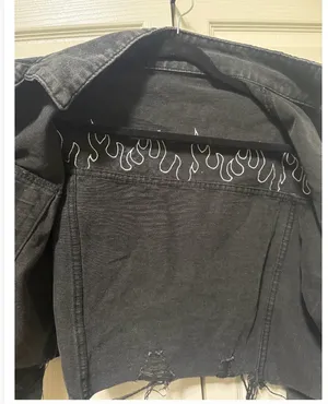 SHEIN Black Flame Distressed Cropped Denim Jacket — Medium thumbnail 2