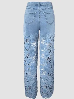 🆕 CHICME | VIRAL Floral Lace-Spliced High Waist Wide-Leg Jeans | Size Large thumbnail 3