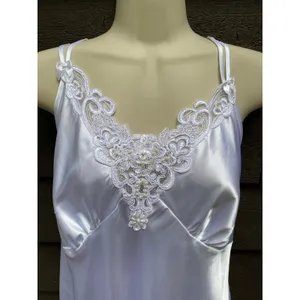 Vtg White Satin Lace Maxi Slip Dress L Bridal Nightgown Beaded Deadstock NWT thumbnail 5
