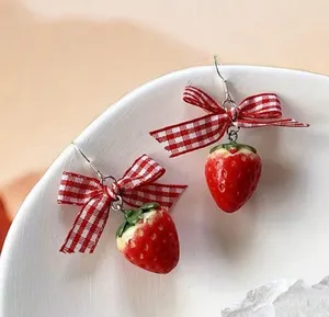 Strawberry Earrings with Red Gingham Bows thumbnail 1