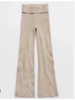 Aerie ribbed Late Night fold over flared knit pants in beige thumbnail 2