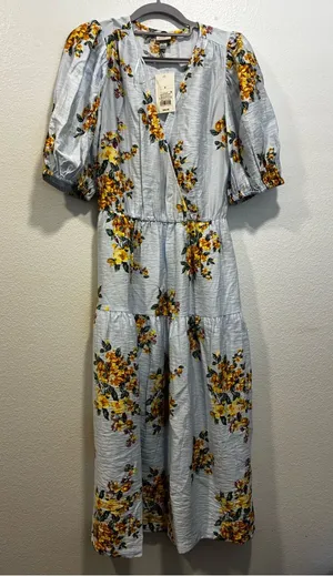 a new day Light Blue Midi Dress with Yellow Floral Print thumbnail 1