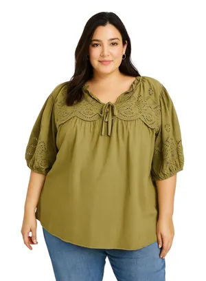 Maurices XXL Top Eyelet Blouse Peasant Top Puff Sleeve‎ Olive Green 907 thumbnail 1