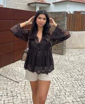 ZARA Sheer Brown Lace-Trim Peasant Bohemian Flared Sleeve Blouse Top thumbnail 1