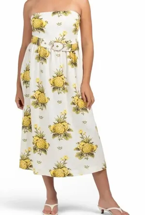 TAHARI Linen Blend Vintage Pineapple Strapless Midi Dress Cream Yellow 8 NWT thumbnail 1