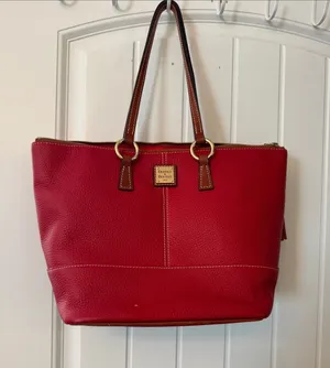 Dooney & Bourke Red Pebbled Leather Tote with Brown Handles thumbnail 1