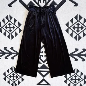 Cider Velvet Mid Waist Pocket Wide Leg Trousers with Belt Black XS thumbnail 4