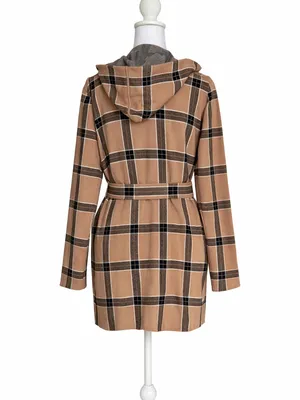 Tahari Plaid Hooded Belted Cardigan Coat Coatigan Tan‎ Black Medium M Jacket thumbnail 2