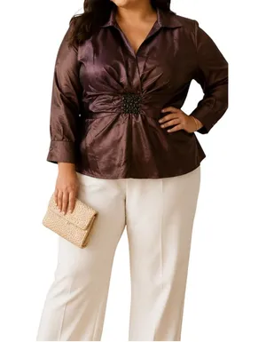 Larry Levine Top Womens Size XL Brown Beaded Waist Peplum Vintage Deadstock 90s thumbnail 1