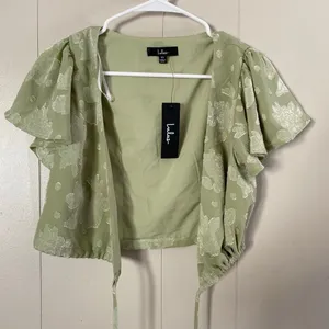 Lulus Green Floral Jacquard Puff Sleeve Tie Front Top XS NWT Elegant Blouse Sage thumbnail 1