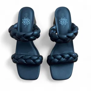Serra Braided Double Strap Block Heel Slide Sandals Black Square Toe Chunky Sz 9 thumbnail 2