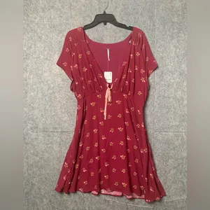Free People Women Size Large Floral Boho Tie-Detail Mini Tea Dress Earth‎ Red thumbnail 2