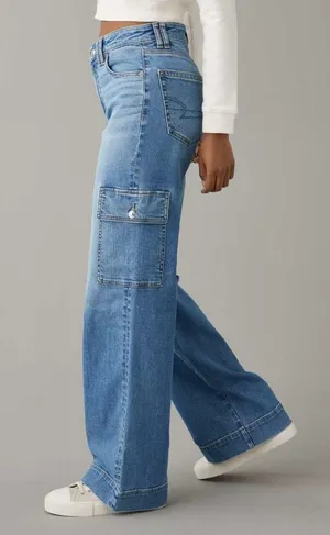 American Eagle Dreamy Drape Stretch Super High-Waisted Cargo Baggy Wide-Leg Jean Sz 10 thumbnail 1
