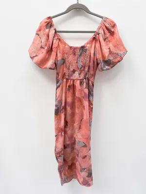 Socialite Pink Floral Ruched Puff Sleeve Midi Dress Size XS thumbnail 4