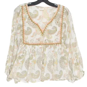 World Market Top Floral Paisley Boho Cottage Prairie Peasant Puff Sleeve S/M thumbnail 2