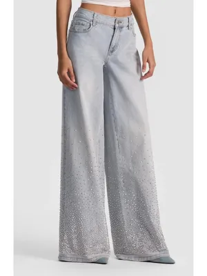 NWT Alice + Olivia Amazing Baggy in Rockstar Blue Rhinestone Wide Leg Jeans 32 thumbnail 3