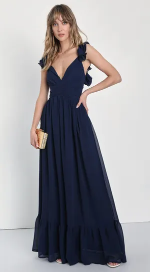 Lulus Soiree Celebration Navy Blue Ruffled Lace-Up Maxi Dress thumbnail 1
