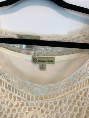 Democracy crochet 3/4 sleeve sz L whimsical boho resort vacation sheer indie thumbnail 2