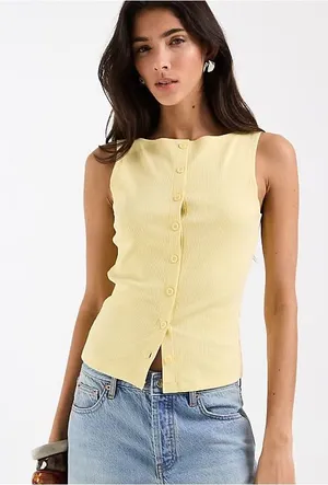 ASOS Design knit vest top butter pastel yellow sleeveless tank crewneck buttons thumbnail 1