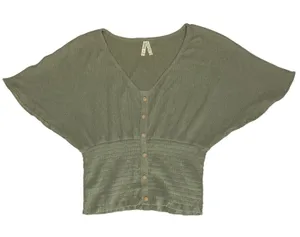 Mudd Y2K Waffle‎ Knit Button Front Cropped Top Olive Green Medium EUC thumbnail 1