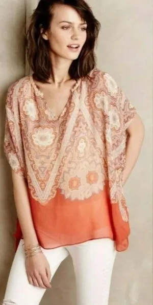 Maeve Anthropologie Nalina 100% Silk Blouse Large Orange Paisley Boho Kimono Top thumbnail 1