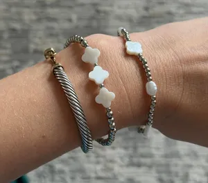 set of 2 silver beaded string bracelets white mother of pearl four leaf clovers thumbnail 1