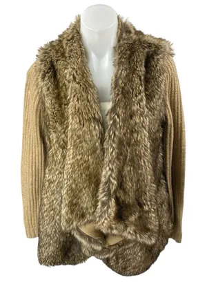 Zara Women's Brown Tan Wool Alpaca Faux Fur Long Sleeve Open Cardigan Sweater M thumbnail 1