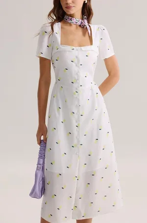 Rihoas White Lemon Fruit Square Neck Midi Dress thumbnail 1