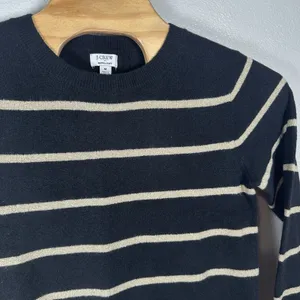 J Crew Extra Soft Wool Blend Shimmer Black Gold Striped Crewneck‎ Sweater Medium thumbnail 2