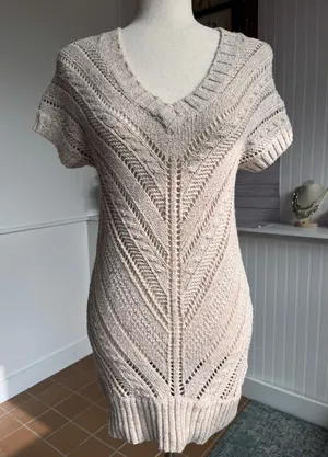 STUNNING Short Sleeve Sweater Dress Tan With Speckles of Pink, Teal & Gold thumbnail 1