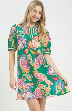 Umgee Jacquard Paisley Print Puff Sleeve Tunic Dress - Emerald Mix - Small thumbnail 1