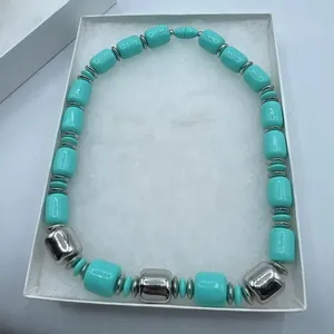Vintage 1980’s acrylic silver & turquoise beaded necklace thumbnail 1
