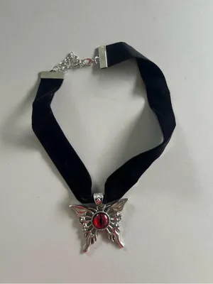 Black Ribbon Choker Necklace Silver Tone Butterfly Charm Pendant Red Center thumbnail 6