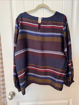 LOFT Striped Long-Sleeve Blouse in Burgundy, Navy & Gold thumbnail 2