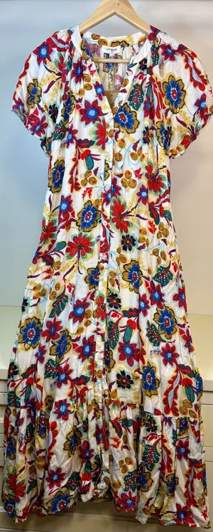 NWT Umgee White Maxi Dress with Red, Blue & Yellow Floral Print thumbnail 1