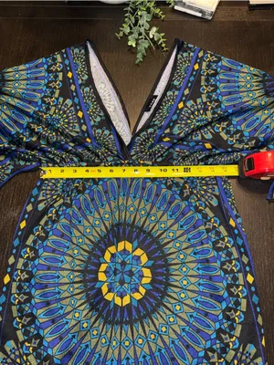 Boho Blue Geometric Mini Dress | V-Neck Bell Sleeve Bodycon Festival Resort thumbnail 4