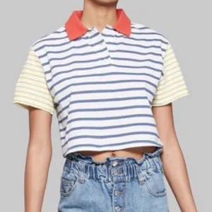 Wild Fable Striped colorblock cotton preppy cropped Polo with Red Collar, size S thumbnail 1