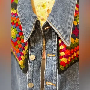 Farm Rio X Anthropologie Crochet Denim Trucker Jacket SZ Medium thumbnail 11