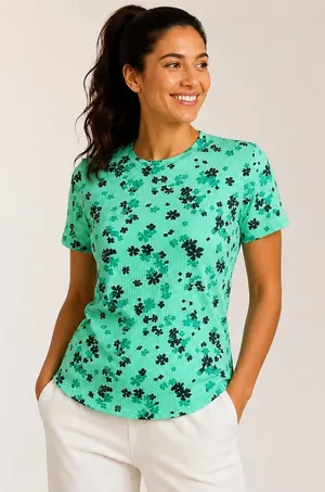 NWT EleVen Venus Williams S‎ Mint Floral Ribbed Tennis Athletic Short Sleeve Top thumbnail 1