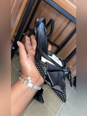 Black Studded Pointed Slingback Heels with Satin Bow Size 8.5 thumbnail 6