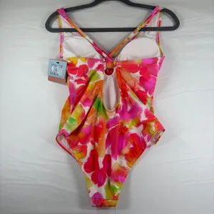 Shade & Shore Watercolor Floral Tie Front One Piece‎ Swimsuit High Leg Cheeky M thumbnail 6