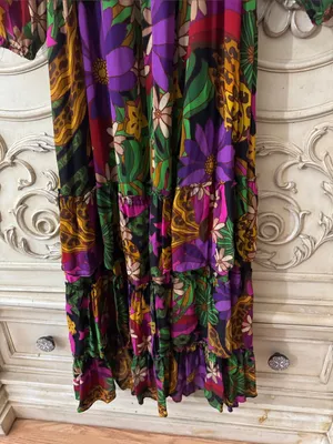 FARM Rio Star Fruit Floral Tiered Maxi Dress in Purple, Green & Yellow Sz Small thumbnail 13