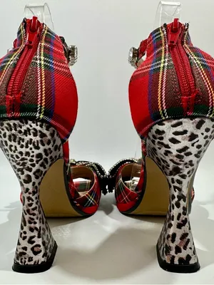 Betsey Johnson Guliana Red Plaid Black Bow Animal Print Heels Sz 8 Crystals Glam thumbnail 8