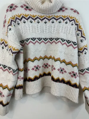 Evereve Lyra Fair Isle Cream Multicolor Turtleneck Sweater Size Medium thumbnail 3