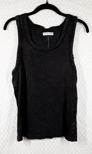 Free People We The Free Washed Black Ribbed Lace Detail Tank Top thumbnail 1